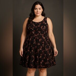 Black Lace Floral‎ Fit & Flare Dress Valentines Y2K Whimsigoth Romantic Size 14